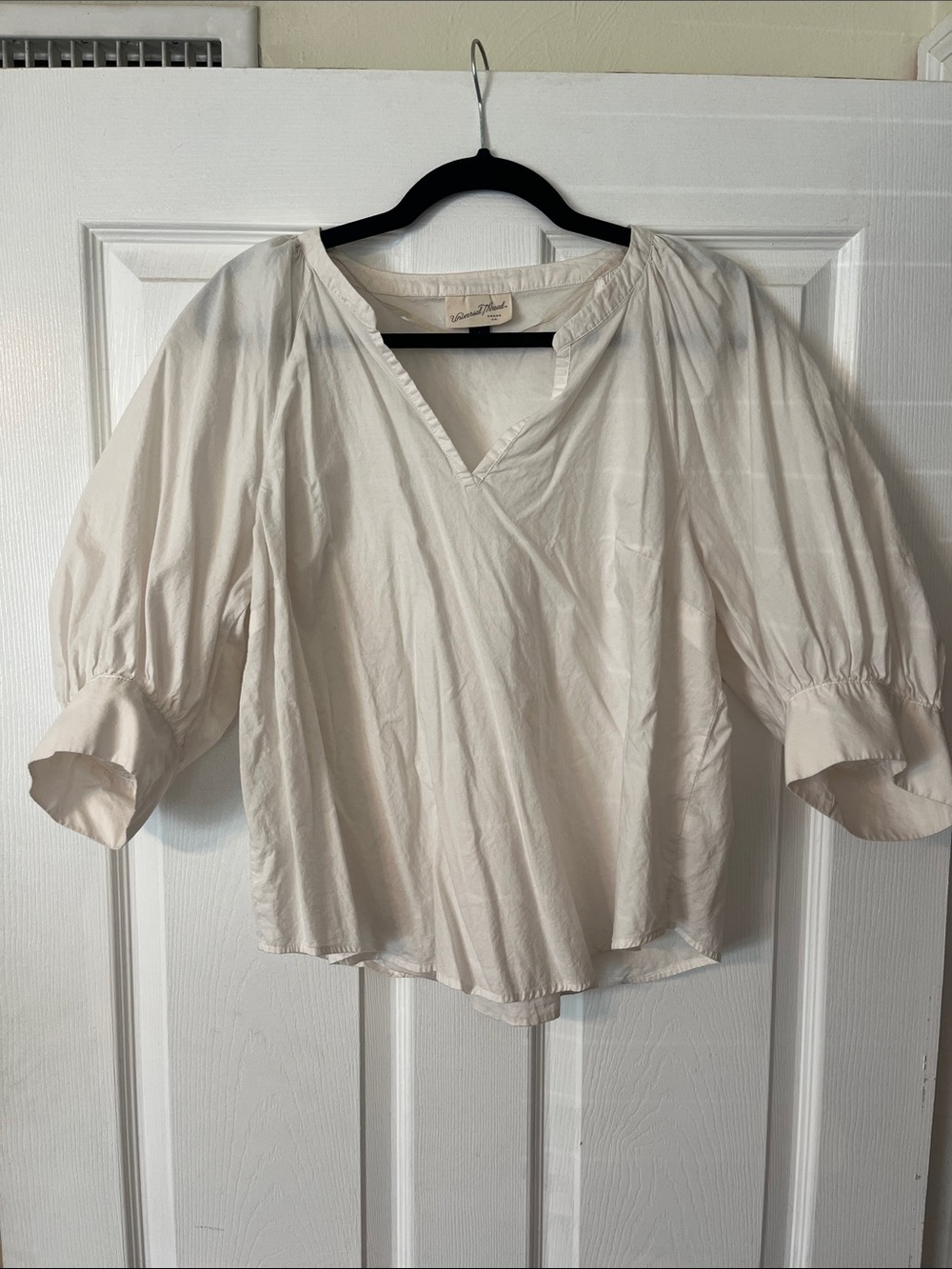 Cream Peasant Blouse with V-Neck and Puff Sleeves